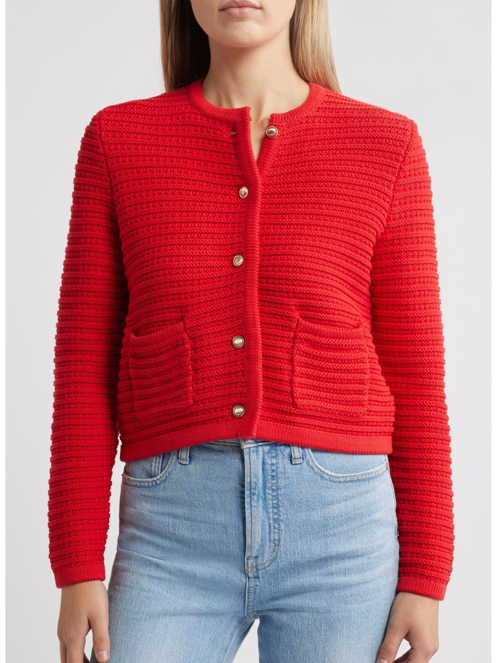 Caslon Textured Pima Cotton Cardigan Sweater Red Button Front XL